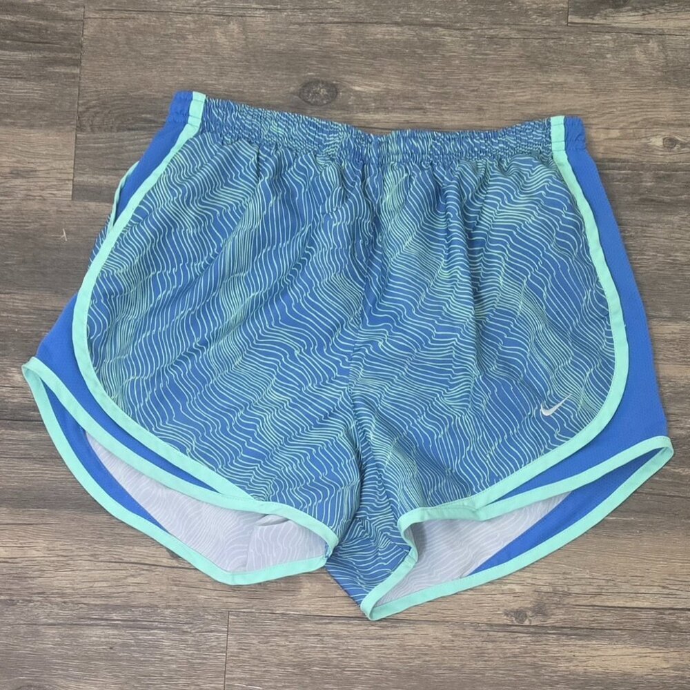 Nike Tempo Dri-Fit Running Shorts Size S Blue/Green Mesh Panel Tulip Hem
